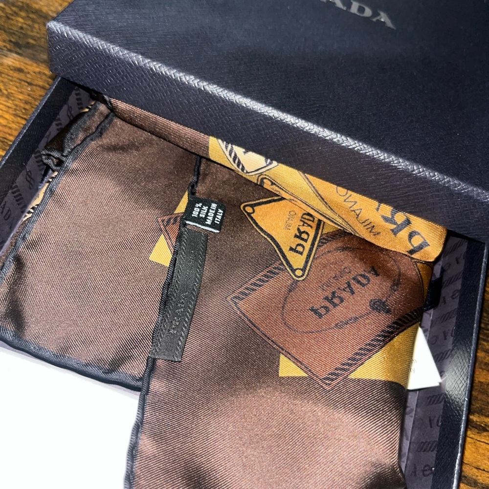 Prada Brown and Gold Silk Accessory Scarf